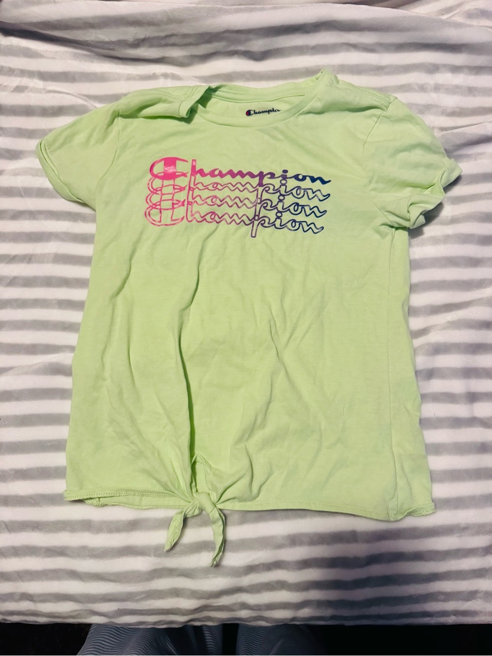 Champion Neon Lime Short Sleeve Tie-Front Tee with Pink & Blue Logo
